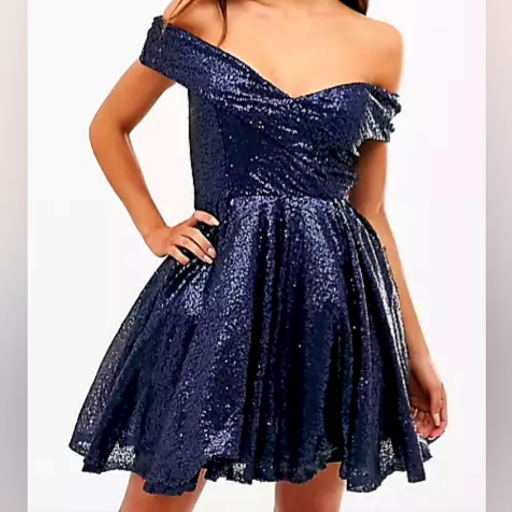 Club L London Navy Blue Sequin Off-shoulder Skater Dress